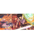 Anime desk pad 36x16 inches with three heroes: red-haired fighter, rune shield guardian, winged girl.