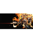 Mouse pad with Eren, Mikasa, and Armin, 36x16 inches, soaring into battle with dynamic flames for an action-packed Attack on Titan scene.