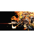 Mouse pad featuring Eren, Mikasa, and Armin in battle, 40x20 inches, with dynamic flames for an action-packed Attack on Titan design.