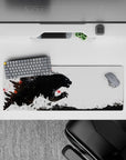 32x12 inches mouse pad with Kaiju design, showcasing black brush strokes and fiery red accents to evoke the raw thrill of cinematic chaos.