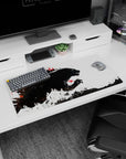 Modern 32x16 inches mouse pad featuring Kaiju design, blending dynamic black brush strokes and fiery red accents to capture epic destruction.