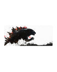 Mouse pad featuring Kaiju design, 28x12 inches, with black brush strokes and fiery red accents capturing the raw power of epic battles.