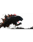 Desk pad featuring Kaiju design, 36x16 inches, with dynamic black brush strokes and fiery red accents for a dramatic, cinematic chaos feel.