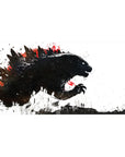 Desk pad featuring Kaiju design, 40x20 inches, with dynamic black brush strokes and fiery red accents capturing dramatic cinematic chaos.