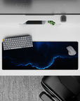 Moody navy and smoky gradient mouse pad 32x12 inches with calm cosmic vibe and electric blue edge.