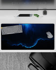 Moody navy and smoky gradient mouse pad, 32x16 inches, calm cosmic vibe with an electric blue edge.