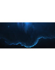 Midnight space desk pad 36x16 inches with swirling navy clouds, neon-blue rim, and scattered stars.