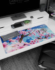 Serene artwork on 36x16 desk mat captures the essence of spring's beauty in vivid simplicity