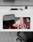 28x12 inches mouse pad with Zero Two design, showcasing her fierce gaze and glowing intensity to capture her unbreakable spirit.