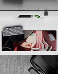 32x12 inches mouse pad with Zero Two design, showcasing her piercing gaze and glowing intensity for a commanding, unyielding look.