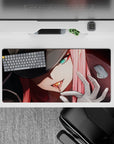 32x16 inches mouse pad with Zero Two design, showcasing her fierce gaze and glowing intensity for an intense, dominating vibe.