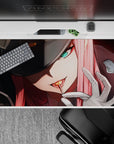 40x20 inches mouse pad with Zero Two design, showcasing her sharp gaze and glowing intensity for a powerful, unbreakable spirit aesthetic.