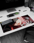 Artistic 36x16 inches mouse pad featuring Zero Two design, with sharp gaze and glowing intensity for a bold, unbreakable spirit aesthetic.