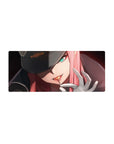 Mouse pad featuring Zero Two design, 28x12 inches, with sharp gaze and glowing intensity for a bold, powerful, and intense anime look.