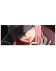 Compact 32x12 inches mouse pad with Zero Two design, featuring sharp gaze and glowing intensity for a bold, fierce anime aesthetic.