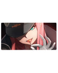 Mouse pad featuring Zero Two design, 32x16 inches, with her sharp gaze and glowing intensity for a powerful, commanding anime-inspired look.