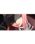 Mouse pad featuring Zero Two design, 36x16 inches, with sharp gaze and glowing intensity for a bold, powerful, and commanding anime vibe.
