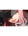 Mouse pad featuring Zero Two design, 40x20 inches, with her sharp gaze and glowing intensity for a bold, dominant anime-inspired look.