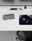 Charcoal black, cool gray, and lilac moody anime desk pad mouse pad, 14x10 inches.