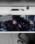 Moody charcoal black, cool gray, and soft lilac anime desk pad 36x16 inches, dreamy and slightly dangerous vibe.