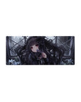 Gothic romance anime girl mouse pad 28x12 inches with ruby eyes, roses, and misty window grid art.