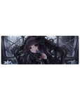 Gothic romance anime girl mouse pad 32x12 inches with ruby eyes, roses, and misty window grid art.