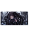 Gothic romance anime girl mouse pad 32x16 inches with ruby eyes, roses, and misty window grid.