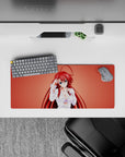 Rias Gremory anime mouse pad, 28x12 inches, High School DxD, featuring her in a loose white shirt on a coral background.