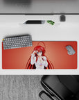 Rias Gremory anime mouse pad, 32x12 inches, features her in a loose white shirt with a soft smirk, on a warm coral background.