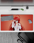 Rias Gremory anime mouse pad, 32x16 inches, features her in a loose white shirt against a warm coral backdrop with flowing red hair.