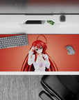Rias Gremory from High School DxD on 36x16 inch anime desk pad, wearing a loose white shirt with a soft smirk and lavender lace.