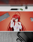 Rias Gremory desk pad, 40x20 inches. Features Rias in a loose white shirt on a warm coral background from High School DxD.