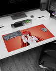 Mouse pad featuring Rias Gremory from High School DxD in a loose white shirt, with a coral background, sized 32x16 inches.