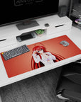 Desk pad featuring Rias Gremory from High School DxD, 36x16 inches, in a loose white shirt with a warm coral background.