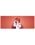Mouse pad featuring Rias Gremory from High School DxD in a loose white shirt, 32x12 inches, with a warm coral background.