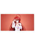 Rias Gremory mouse pad, 32x16 inches, in white shirt with lavender lace, coral background, from High School DxD anime.