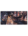 Albedo from Overlord anime on a 32x16 inches mouse pad, depicted in stained-glass with golden eyes and black wings, exuding elegance.