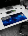 Starry night cosmos scene mouse pad 32x16 inches with tiny glitter-like specks and nebula glow.