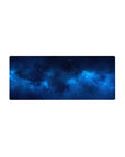 Midnight galaxy desk mouse pad, 28x12 inches, star-speckled space design with electric clouds.