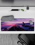 32x12 inches anime mouse pad in neon pink and violet sunset tones, calm late-night city vibe with soft rebellion.