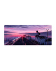 28x12 inches anime mouse pad with rooftop schoolgirl, neon sky, city lights, power lines, graffiti hearts.