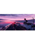 Anime rooftop cityscape desk pad 36x16 inches with schoolgirl, neon sky, power lines, graffiti doodles.