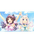 40x20 inches anime girl desk pad with cat ears, pastel ribbons, and sparkling splash background.