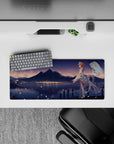 28x12 inches pastel blue and warm gold mouse pad, dreamy starry night by a quiet lake, romantic vibe.