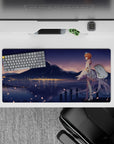 32x16 inches pastel blue and warm gold anime desk mat, starry sky vibe, cozy romantic mood.