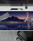 Pastel blue and warm gold anime desk pad 40x20 inches, cozy romantic night lake under stars.