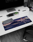 32x12 inches anime girl mouse pad showing crowned redhead with ribbons and petals by a quiet mountain lake.