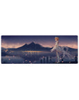 32x12 inches anime girl mouse pad with redhead in white feather dress, crown, lake and city lights.