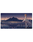 32x16 inches anime girl mouse pad with redhead in white dress, tiny crown, lake and city lights.