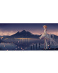 Anime girl desk pad 36x16 inches with redhead in white dress, crown, ribbons, lake and city lights.